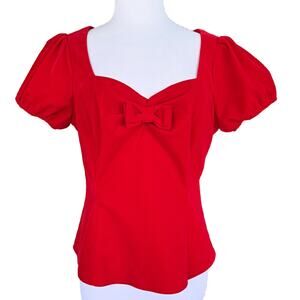 Collectif x Modcloth Retro Red Velvet Top Puff Sleeve Bow Size 14 Holiday Xmas